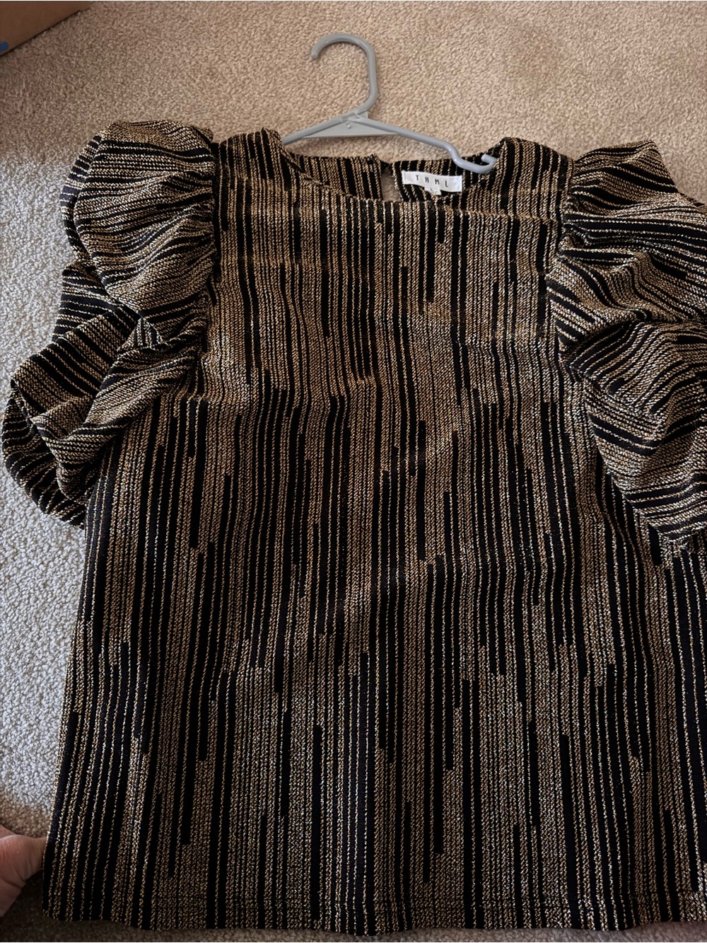 THML Black Top with Metallic Gold Stripes and Puff Sleeves